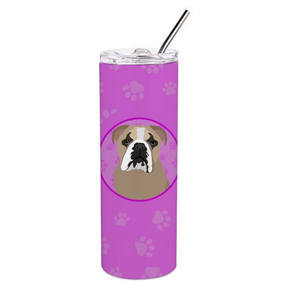 English Bulldog Lilac Tricolor Stainless Steel 20 oz Skinny Tumbler, Pink - Picture 1 of 4